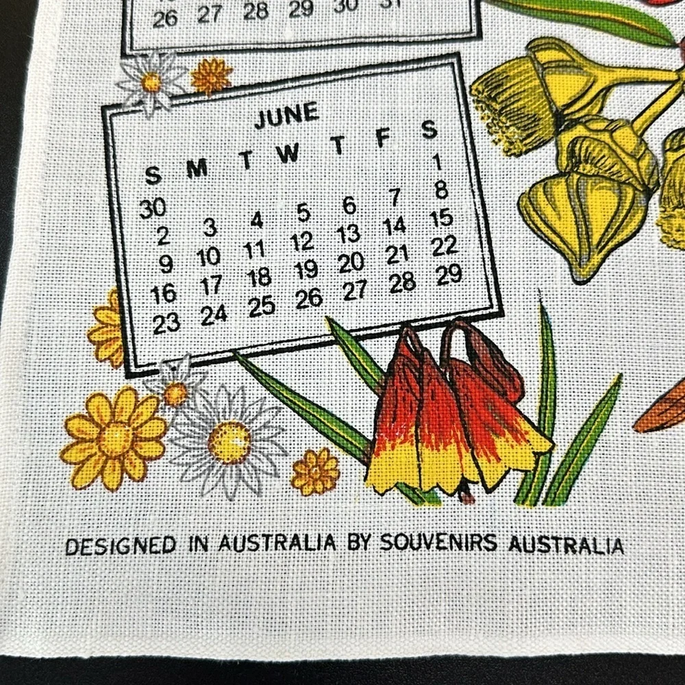 Australia 90s Kitchen Calendar Tea Towel Linen Blend Koala Kangaroo Parrot‎ 1991